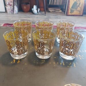 Fred Press Vintage Mid Century Modern Gold Brown Scroll Rocks Glasses Set of 6